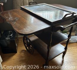 MaxSold Auction: Wooden Rolling Tea/Serving Cart with Decorative Spoked Wheels - Hamilton (Ontario, Canada) SELLER MANAGED Downsizing Online Auction - Cameron Avenue South