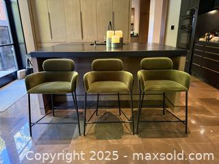 MaxSold Auction: THREE - CB2 - Azalea Forest Green Velvet Counter Stools   - Toronto (Ontario, Canada) SELLER MANAGED Downsizing Online Auction -  Chestnut Park Road