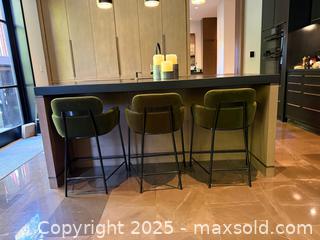 MaxSold Auction: THREE - CB2 - Azalea Forest Green Velvet Counter Stools   - Toronto (Ontario, Canada) SELLER MANAGED Downsizing Online Auction -  Chestnut Park Road