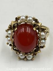 MaxSold Auction: 14K Gold Ring with Large Carnelian and Seed Pearls. Size 7 - Oakville (Ontario, Canada) PARTNER MANAGED Estate Sale Online Auction - Lakeshore Road West (Shipping Available)                     