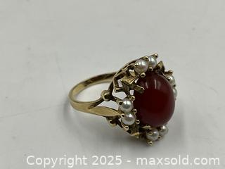 MaxSold Auction: 14K Gold Ring with Large Carnelian and Seed Pearls. Size 7 - Oakville (Ontario, Canada) PARTNER MANAGED Estate Sale Online Auction - Lakeshore Road West (Shipping Available)                     