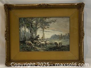 MaxSold Auction: Signed Geoffrey Strahan (1839-1916) Original Watercolour Gouache titled: &#34;The Shepherd&#34; - Oakville (Ontario, Canada) PARTNER MANAGED Estate Sale Online Auction - Lakeshore Road West (Shipping Available)                     
