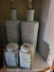 MaxSold Auction: 4-Piece Pastel Blue Ceramic Condiment Set: Oil, Vinegar, Salt, Pepper - Kingston (Ontario, Canada) SELLER MANAGED Reseller Online Auction - Development Drive (STORAGE)