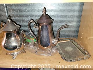 MaxSold Auction: Ornate Silver-Plated Tea/Coffee Service Set with Tray - Kingston (Ontario, Canada) SELLER MANAGED Reseller Online Auction - Development Drive (STORAGE)