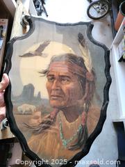 MaxSold Auction: Shield-Shaped Framed Wall Art: Indigenous Elder, Buffalo & Bird - Kingston (Ontario, Canada) SELLER MANAGED Reseller Online Auction - Development Drive (STORAGE)