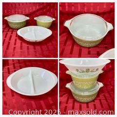 MaxSold Auction: Vintage Pyrex  2 L Casserole dish with lid ( Crazy Daisy)  1 divided dish Glasbake Milk glass (Green Daisy)  - Coquitlam (British Columbia, Canada) SELLER MANAGED Downsizing Online Auction - Delestre Avenue                 