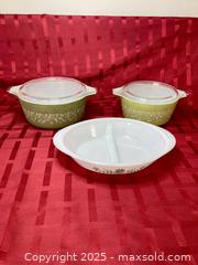 MaxSold Auction: Vintage Pyrex  2 L Casserole dish with lid ( Crazy Daisy)  1 divided dish Glasbake Milk glass (Green Daisy)  - Coquitlam (British Columbia, Canada) SELLER MANAGED Downsizing Online Auction - Delestre Avenue                 