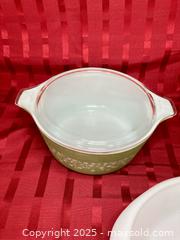MaxSold Auction: Vintage Pyrex  2 L Casserole dish with lid ( Crazy Daisy)  1 divided dish Glasbake Milk glass (Green Daisy)  - Coquitlam (British Columbia, Canada) SELLER MANAGED Downsizing Online Auction - Delestre Avenue                 