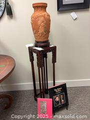 MaxSold Auction: Rosewood carved pedestal & base with terracotta hand crafted vase.  - Vancouver (British Columbia, Canada) PARTNER MANAGED Commercial Liquidation Online Auction - East Kent Avenue S.