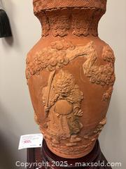 MaxSold Auction: Rosewood carved pedestal & base with terracotta hand crafted vase.  - Vancouver (British Columbia, Canada) PARTNER MANAGED Commercial Liquidation Online Auction - East Kent Avenue S.