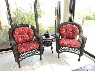 MaxSold Auction: Wicker Patio Furniture Set, 2 Chairs &#38; Glass-Top Side Table. C - Lake Wales (Florida, USA) PARTNER MANAGED Estate Sale Online Auction - Birkdale Drive