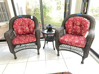 MaxSold Auction: Wicker Patio Furniture Set, 2 Chairs &#38; Glass-Top Side Table. C - Lake Wales (Florida, USA) PARTNER MANAGED Estate Sale Online Auction - Birkdale Drive