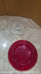 MaxSold Auction: Lot of 2 Glass Charger Plate - Red / Cake Stand - Clear - Lakeshore (Ontario, Canada) PARTNER MANAGED Estate Sale Online Auction - County Road 42