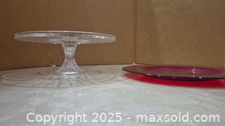 MaxSold Auction: Lot of 2 Glass Charger Plate - Red / Cake Stand - Clear - Lakeshore (Ontario, Canada) PARTNER MANAGED Estate Sale Online Auction - County Road 42
