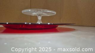 MaxSold Auction: Lot of 2 Glass Charger Plate - Red / Cake Stand - Clear - Lakeshore (Ontario, Canada) PARTNER MANAGED Estate Sale Online Auction - County Road 42