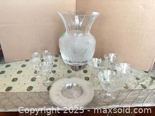 MaxSold Auction: Lot of Etched Glassware: Vase, Stemware, Plates, Coupes - Lakeshore (Ontario, Canada) PARTNER MANAGED Estate Sale Online Auction - County Road 42