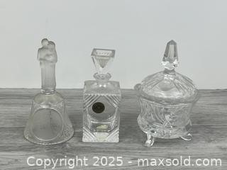 MaxSold Auction: Lot of 3 Small Glass / Crystal Pieces (Bell, Perfume Bottle, Trinket Dish) - Whitby (Ontario, Canada) SELLER MANAGED Downsizing Online Auction - Dundas Street E (STORAGE)