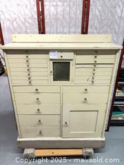 MaxSold Auction: Vintage Multi-Drawer Apothecary Storage Cabinet, Cream Finish - Warwick (Rhode Island, USA) SELLER MANAGED Reseller Online Auction - Warwick Avenue