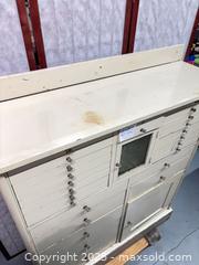 MaxSold Auction: Vintage Multi-Drawer Apothecary Storage Cabinet, Cream Finish - Warwick (Rhode Island, USA) SELLER MANAGED Reseller Online Auction - Warwick Avenue