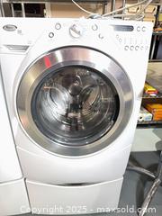 MaxSold Auction: Whirlpool Duet Steam White Laundry Appliance with Included Hoses with utility base - Warwick (Rhode Island, USA) SELLER MANAGED Reseller Online Auction - Warwick Avenue