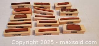 MaxSold Auction: (14) thin phrases Wooden Rubber Stamps - some used some new - as show n - Rockaway (New Jersey, USA) SELLER MANAGED Downsizing Online Auction - Miami Trail