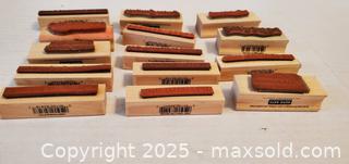MaxSold Auction: (14) thin phrases Wooden Rubber Stamps - some used some new - as show n - Rockaway (New Jersey, USA) SELLER MANAGED Downsizing Online Auction - Miami Trail