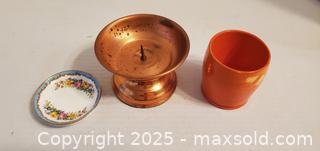 MaxSold Auction: copper candleholder, crimson ceramic cup &#38; small butterplate  - Rockaway (New Jersey, USA) SELLER MANAGED Downsizing Online Auction - Miami Trail