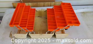 MaxSold Auction: tan &#38; orange fishing tackle box  - Rockaway (New Jersey, USA) SELLER MANAGED Downsizing Online Auction - Miami Trail