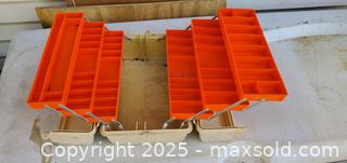 MaxSold Auction: tan &#38; orange fishing tackle box  - Rockaway (New Jersey, USA) SELLER MANAGED Downsizing Online Auction - Miami Trail