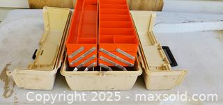 MaxSold Auction: tan &#38; orange fishing tackle box  - Rockaway (New Jersey, USA) SELLER MANAGED Downsizing Online Auction - Miami Trail