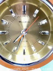 MaxSold Auction: Bulova Space-Age Tulip-Base Wind-Up Alarm Desk Clock – Japan, c. 1960s/70s – Gold Dial, Wo - Hamilton (Ontario, Canada) SELLER MANAGED Downsizing Online Auction -  Miller Drive