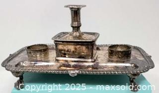 MaxSold Auction: Early 1800’s Silver Plate Desk Inkstand with Candle Holder and Two Inkwells - Hamilton (Ontario, Canada) SELLER MANAGED Downsizing Online Auction -  Miller Drive