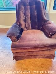 MaxSold Auction: Skirted Burgundy/Brown Velvet Tufted Armchair with Rolled Arms - North Saanich (British Columbia, Canada) SELLER MANAGED Estate Sale Online Auction -  Haro Park Terrace