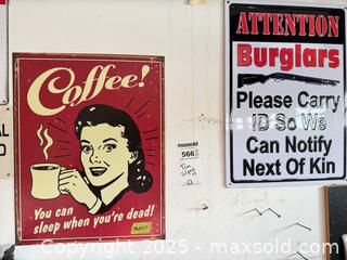 MaxSold Auction: Lot of Decorative Tin/Metal Signs - Assorted Graphics B - Brampton (Ontario, Canada) Estate Sale Online Auction - Upper Highlands Drive