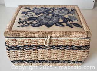 MaxSold Auction: Vintage Singer Blue Rose embroidered sewing basket - undamaged - Toronto (Ontario, Canada) SELLER MANAGED Downsizing Online Auction - Davisville Avenue (CONDO)