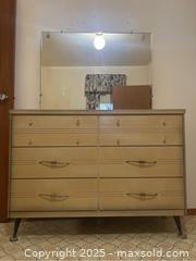 MaxSold Auction: Mid-century Modern Blonde Wood Dresser & Mirror, Five Drawer Dresser, Queen Bed Frame  - Point Edward (Ontario, Canada) PARTNER MANAGED Estate Sale Online Auction -  Michigan Avenue