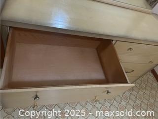 MaxSold Auction: Mid-century Modern Blonde Wood Dresser & Mirror, Five Drawer Dresser, Queen Bed Frame  - Point Edward (Ontario, Canada) PARTNER MANAGED Estate Sale Online Auction -  Michigan Avenue