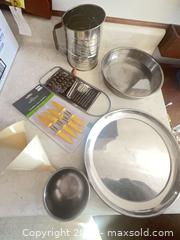 MaxSold Auction: Vintage Hand-crank Flour Sifter, Stainless Steel Serving Tray, 9" Cake Pan, Cheese Grater, - Point Edward (Ontario, Canada) PARTNER MANAGED Estate Sale Online Auction -  Michigan Avenue