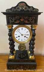 MaxSold Auction: Antique Black Wood Marquetry Clock With 4 Columns  - Oak Park (California, USA) PARTNER MANAGED Estate Sale Online Auction - Pesto Way