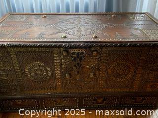 MaxSold Auction: Highly Decorated Brass Studded Teak Vintage Chest from, Kuwait - Oak Park (California, USA) PARTNER MANAGED Estate Sale Online Auction - Pesto Way