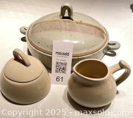 MaxSold Auction: Lidded Casserole pottery (has makers mark) &#38; Unbranded Cream &#38; Covered Sugar - North York (Ontario, Canada) SELLER MANAGED Downsizing Online Auction - Country Lane