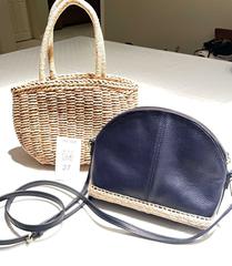 MaxSold Auction: Summer bags - Navy/tan Talbots crossbody w adj straps; Unbranded tan weave bag with drawstring closure - North York (Ontario, Canada) SELLER MANAGED Downsizing Online Auction - Country Lane