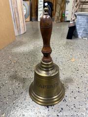 MaxSold Auction: Brass Ship/Hand Bell with Wood Handle, &#34;CAPTAIN&#34; Engraving - Windsor (Ontario, Canada) PARTNER MANAGED Downsizing Online Auction - Ashland Drive