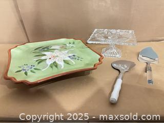 MaxSold Auction: Inspirado hand-painted lily ceramic plate with glass pedestal &#38; servers - Lakeshore (Ontario, Canada) PARTNER MANAGED Estate Sale Online Auction - County Road 42