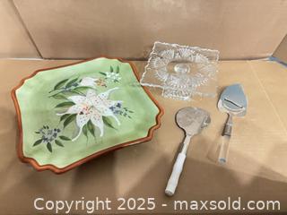 MaxSold Auction: Inspirado hand-painted lily ceramic plate with glass pedestal &#38; servers - Lakeshore (Ontario, Canada) PARTNER MANAGED Estate Sale Online Auction - County Road 42