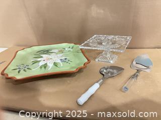MaxSold Auction: Inspirado hand-painted lily ceramic plate with glass pedestal &#38; servers - Lakeshore (Ontario, Canada) PARTNER MANAGED Estate Sale Online Auction - County Road 42