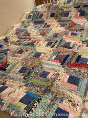 MaxSold Auction: Vintage Handmade Log Cabin Twin Quilt / Bedspread, Blue-Centered - Toronto (Ontario, Canada) SELLER MANAGED Downsizing Online Auction - O'Connor Drive (CONDO)