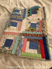 MaxSold Auction: Vintage Handmade Log Cabin Twin Quilt / Bedspread, Blue-Centered - Toronto (Ontario, Canada) SELLER MANAGED Downsizing Online Auction - O'Connor Drive (CONDO)