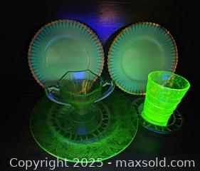 MaxSold Auction: Uranium Glass Lot. MacBeth Evans Monax Petalware Opalescent Uranium Glass and More - East Bridgewater (Massachusetts, USA) SELLER MANAGED Estate Sale Online Auction - Bedford Street
