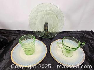 MaxSold Auction: Uranium Glass Lot. MacBeth Evans Monax Petalware Opalescent Uranium Glass and More - East Bridgewater (Massachusetts, USA) SELLER MANAGED Estate Sale Online Auction - Bedford Street